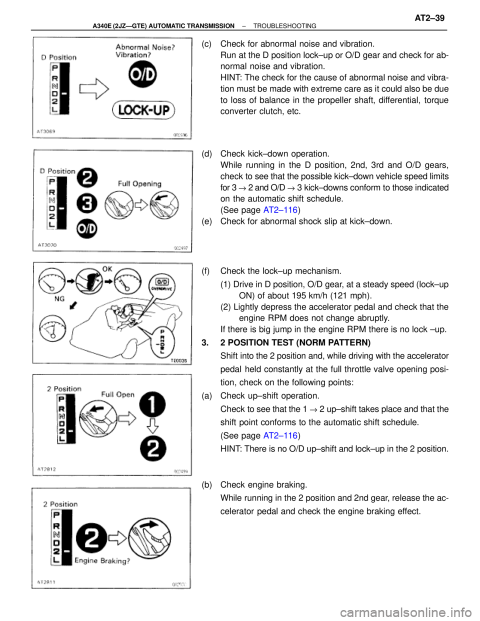 TOYOTA SUPRA 1995  Service Repair Manual (c)  Check for abnormal noise and vibration.
Run at the D position lock±up or O/D gear and check for ab-
normal noise and vibration.
HINT: The check for the cause of abnormal noise and vibra-
tion mu
