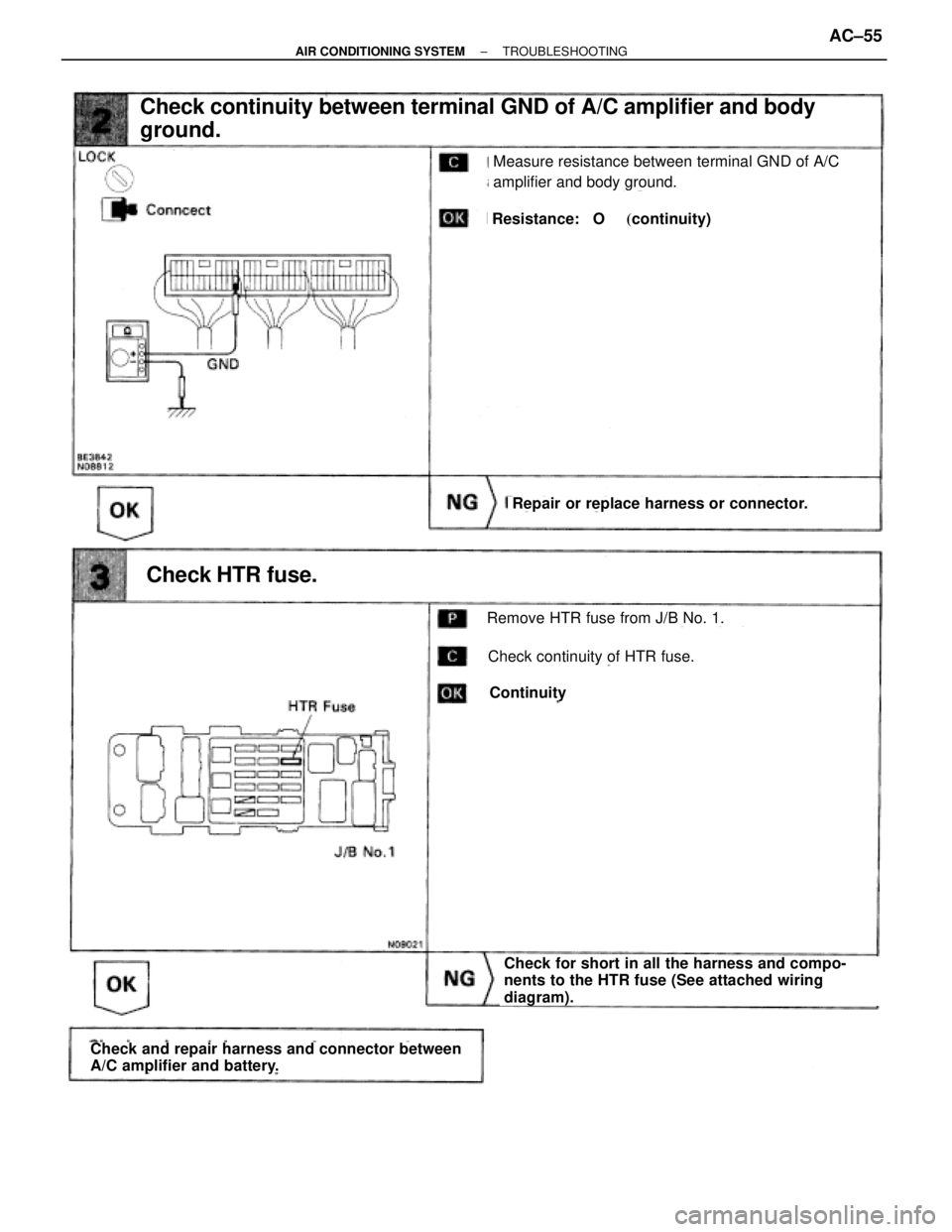 TOYOTA SUPRA 1995  Service Workshop Manual Check continuity between terminal GND of A/C amplifier and body 
ground.
Measure resistance between terminal GND of A/C
amplifier and body ground.
Remove HTR fuse from J/B No. 1.
Check continuity of H