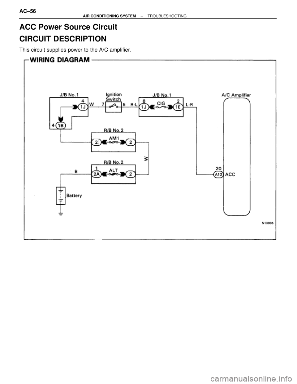 TOYOTA SUPRA 1995  Service Workshop Manual ACC Power Source Circuit
CIRCUIT DESCRIPTION
This circuit supplies power to the A/C amplifier.
AC±56± AIR CONDITIONING SYSTEMTROUBLESHOOTING 
