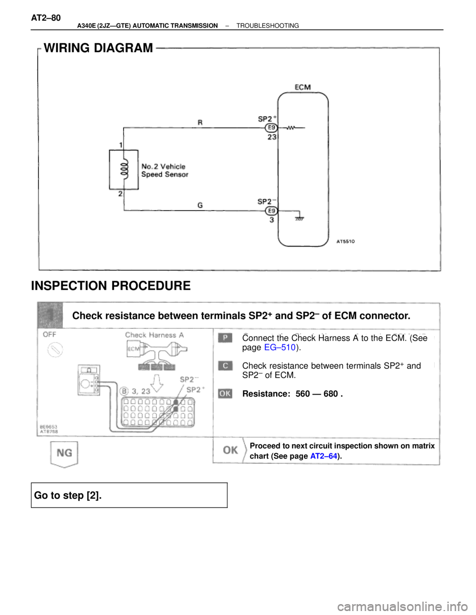 TOYOTA SUPRA 1995 Service Repair Manual WIRING DIAGRAM
INSPECTION PROCEDURE
Check resistance between terminals SP2+ and SP2± of ECM connector.
Proceed to next circuit inspection shown on matrix
chart (See page AT2±64).
Connect the Check H TOYOTA SUPRA 1995 Service Repair Manual WIRING DIAGRAM
INSPECTION PROCEDURE
Check resistance between terminals SP2+ and SP2± of ECM connector.
Proceed to next circuit inspection shown on matrix
chart (See page AT2±64).
Connect the Check H