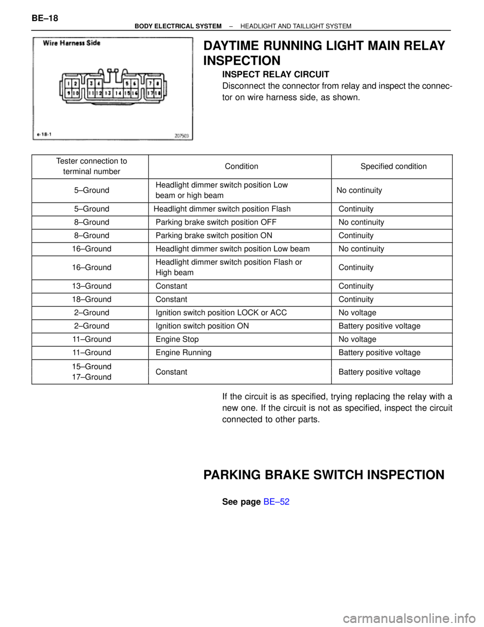 TOYOTA SUPRA 1995  Service Repair Manual DAYTIME RUNNING LIGHT MAIN RELAY
INSPECTION
INSPECT RELAY CIRCUIT
Disconnect  the connector from relay and inspect the connec-
tor on wire harness side, as shown.
 
 T