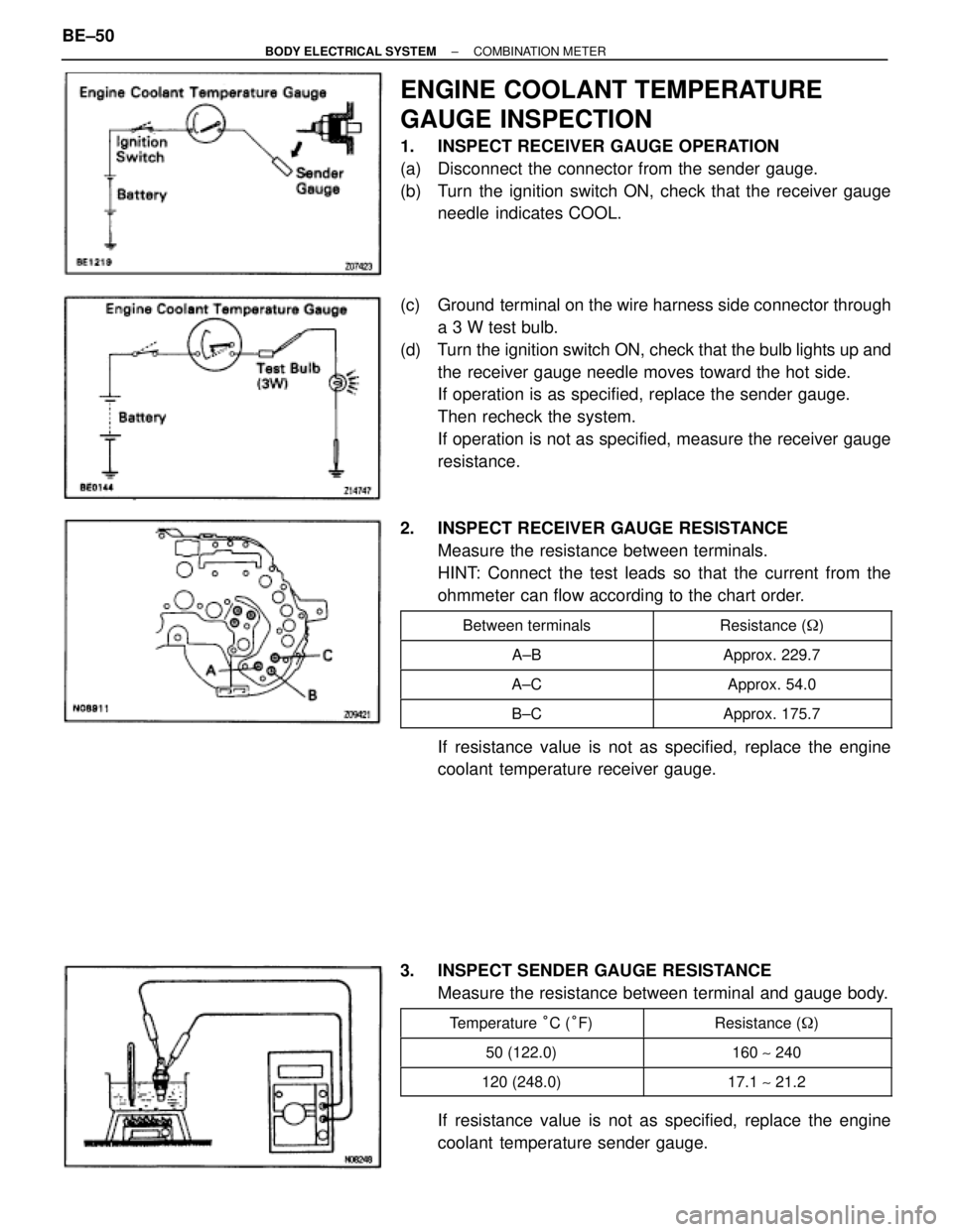 TOYOTA SUPRA 1995  Service Repair Manual ENGINE COOLANT TEMPERATURE
GAUGE INSPECTION
1.  INSPECT RECEIVER GAUGE OPERATION
(a)  Disconnect the connector from the sender gauge.
(b)  Turn the ignition switch ON, check that the receiver gauge
ne