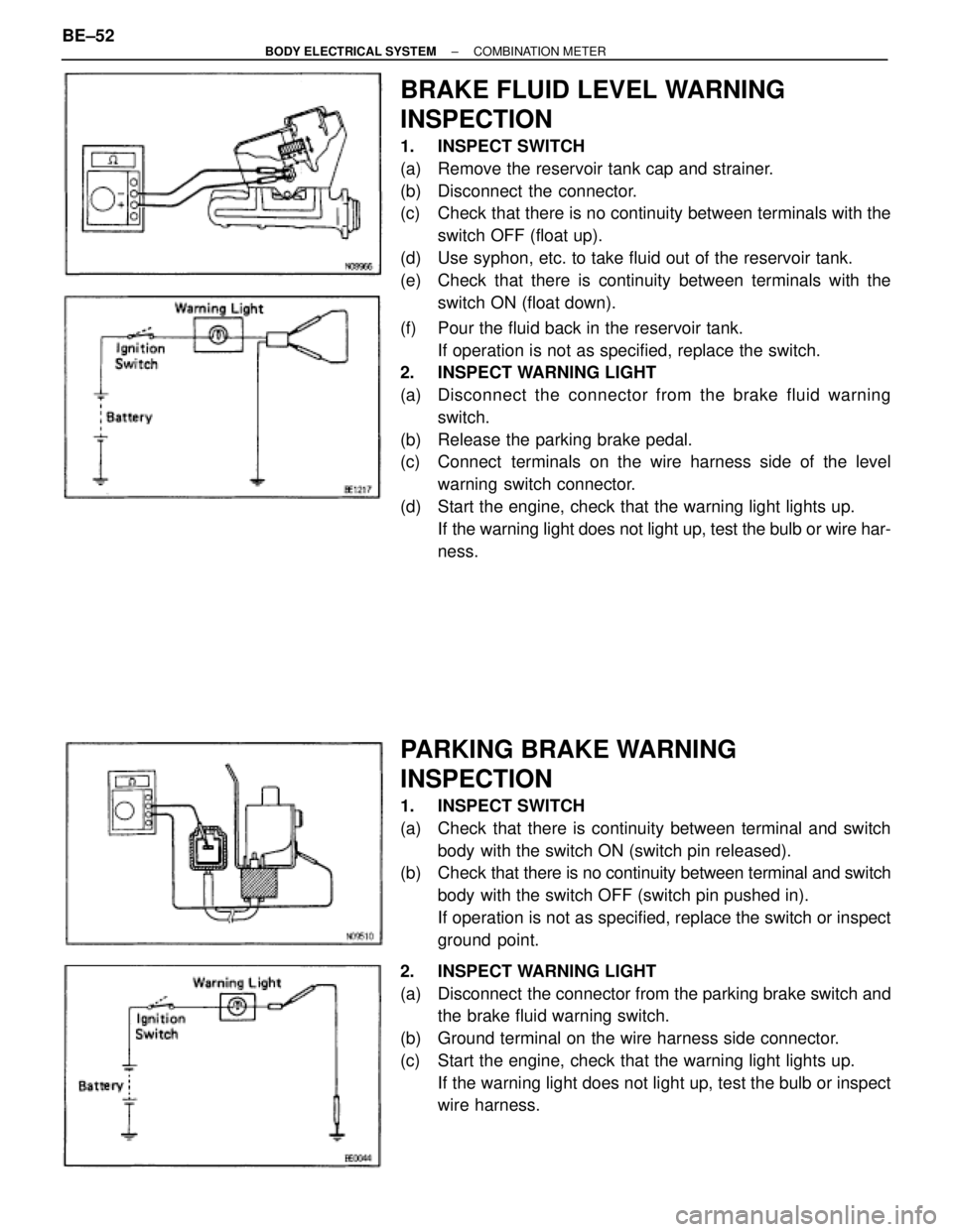 TOYOTA SUPRA 1995  Service Repair Manual BRAKE FLUID LEVEL WARNING
INSPECTION
1. INSPECT SWITCH
(a)  Remove the reservoir tank cap and strainer.
(b)  Disconnect the connector.
(c)  Check that there is no continuity between terminals with the