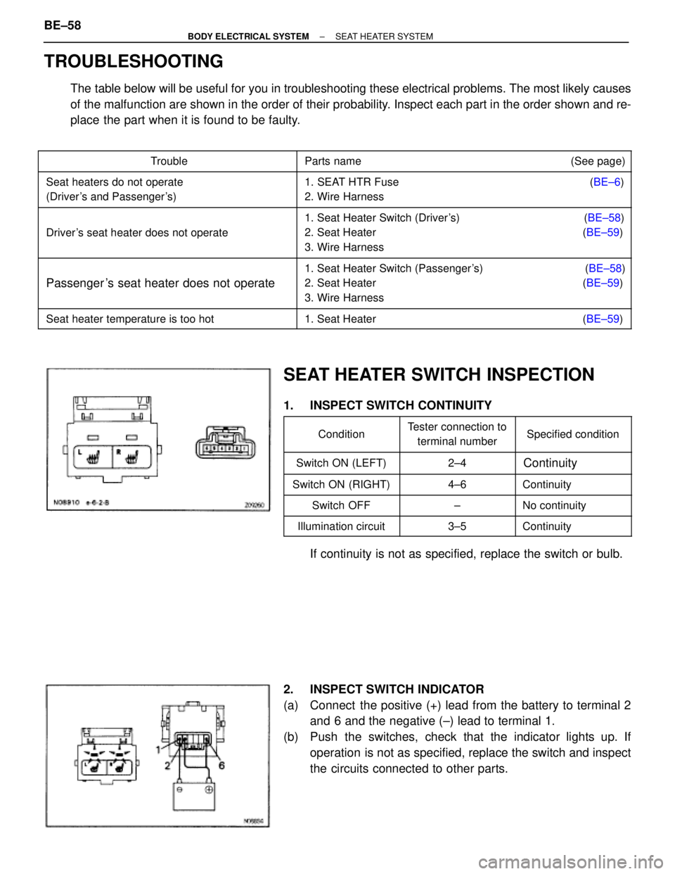 TOYOTA SUPRA 1995  Service Repair Manual TROUBLESHOOTING
The table below will be useful for you in troubleshooting these electrical problems. The most likely causes
of the malfunction are shown in the order of their probability. Inspect each