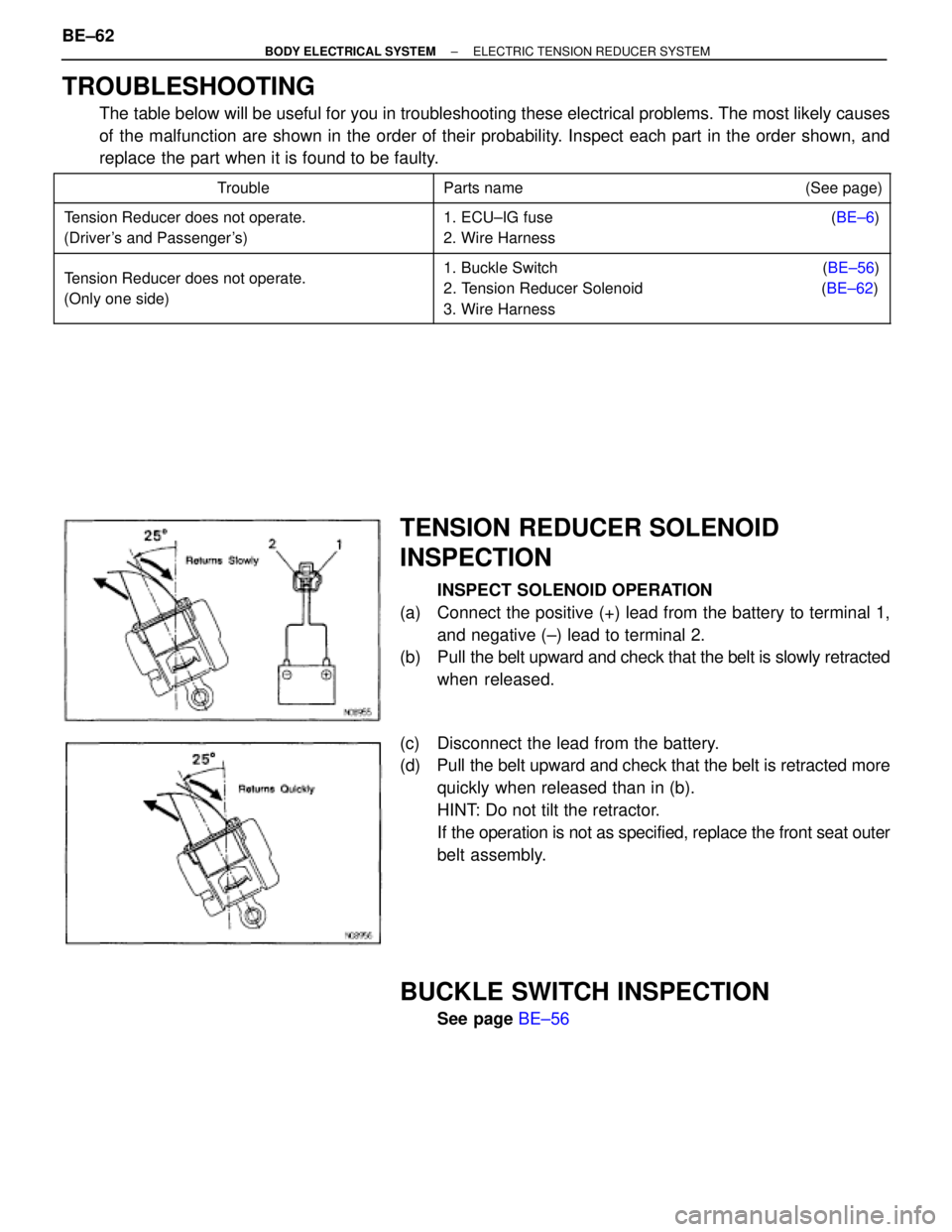 TOYOTA SUPRA 1995  Service Repair Manual TROUBLESHOOTING
The table below will be useful for you in troubleshooting these electrical problems. The most likely causes
of the malfunction are shown in the order of their probability. Inspect each