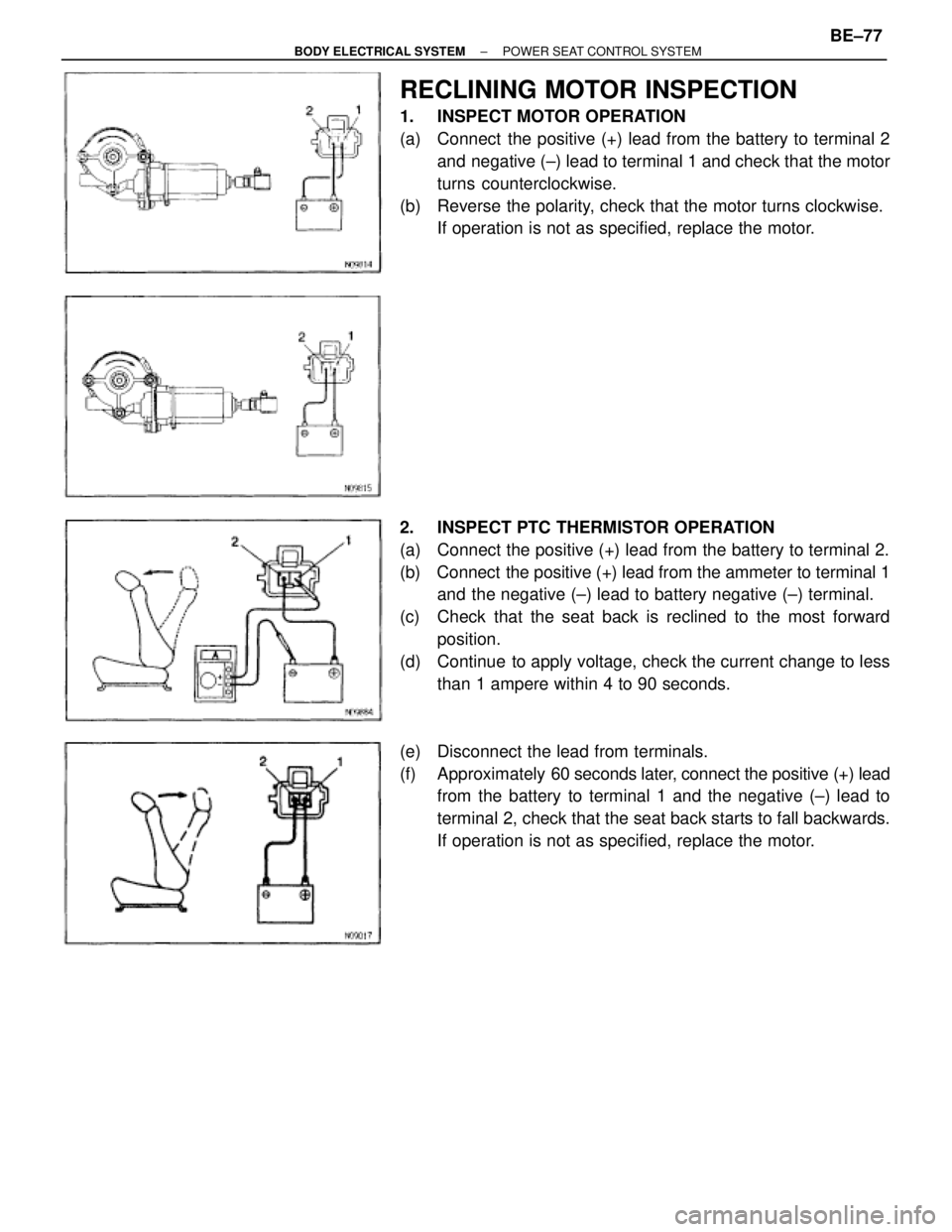 TOYOTA SUPRA 1995  Service Repair Manual RECLINING MOTOR INSPECTION
1. INSPECT MOTOR OPERATION
(a)  Connect  the positive (+) lead from the battery to terminal 2
and negative (±) lead to terminal 1 and check that the motor
turns countercloc