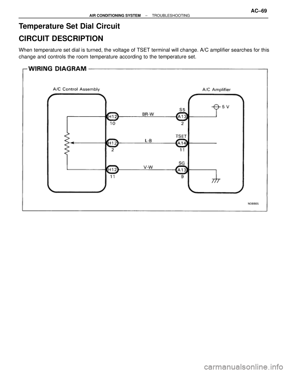 TOYOTA SUPRA 1995  Service Manual PDF Temperature Set Dial Circuit
CIRCUIT DESCRIPTION
When temperature set dial is turned, the voltage of TSET terminal will change. A/C amplifier searches for this
change and controls the room temperature