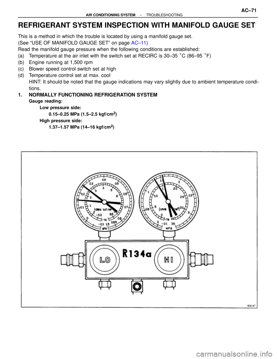 TOYOTA SUPRA 1995  Service Manual PDF REFRIGERANT SYSTEM INSPECTION WITH MANIFOLD GAUGE SET
This is a method in which the trouble is located by using a manifold gauge set.
(See ªUSE OF MANIFOLD GAUGE SETº on page AC±11)
Read the manifo