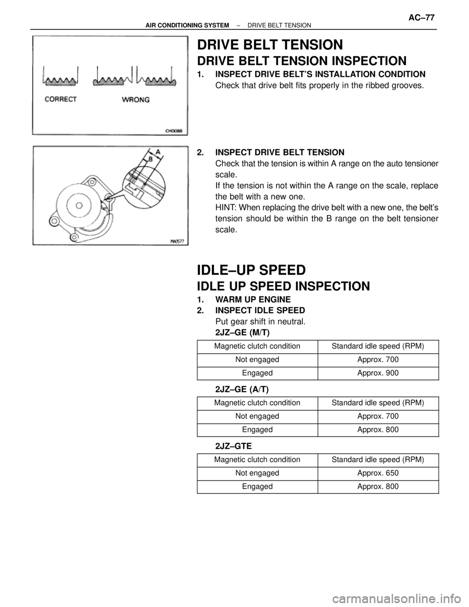 TOYOTA SUPRA 1995  Service Manual PDF DRIVE BELT TENSION
DRIVE BELT TENSION INSPECTION
1.  INSPECT DRIVE BELTS INSTALLATION CONDITION
Check that drive belt fits properly in the ribbed grooves.
2.  INSPECT DRIVE BELT TENSION
Check that th