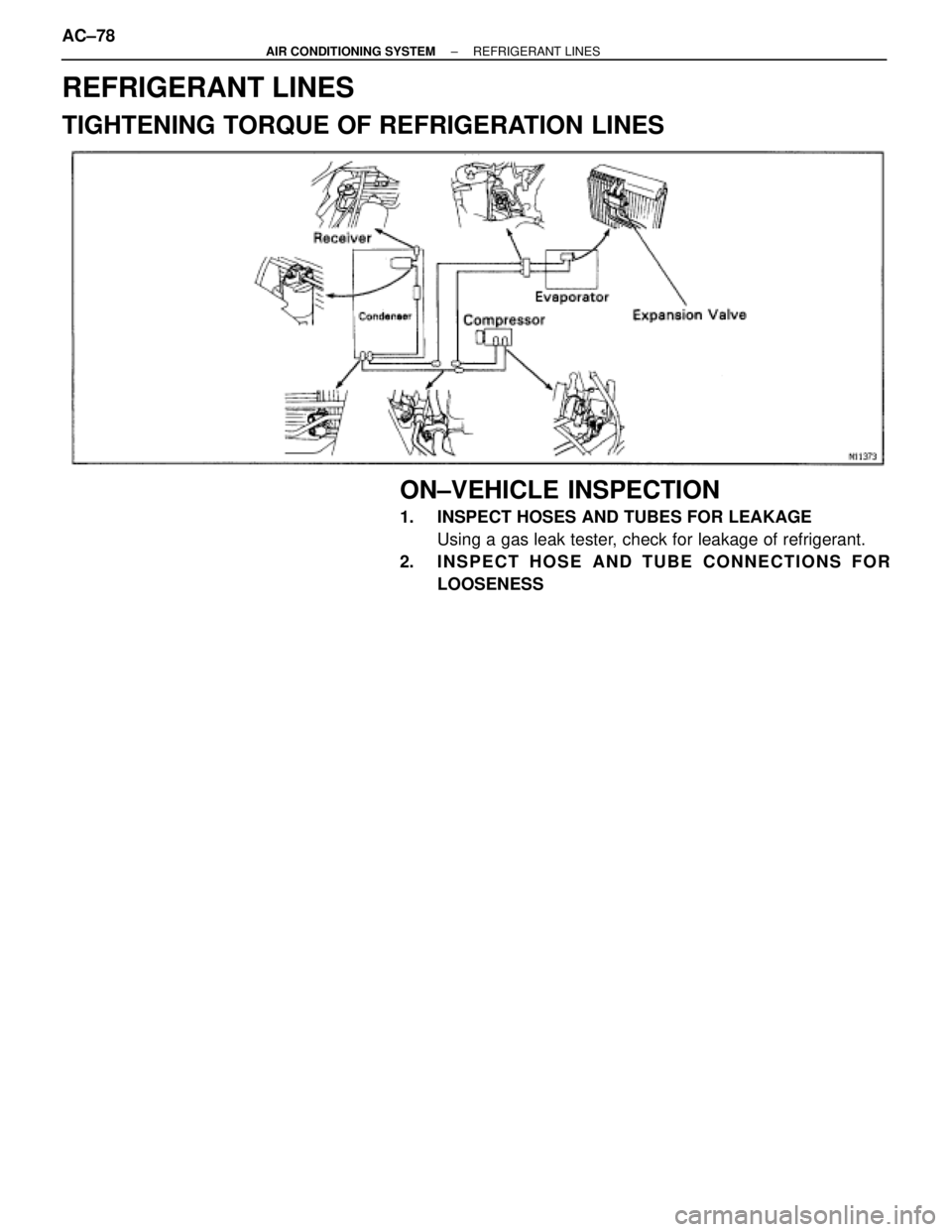 TOYOTA SUPRA 1995  Service Manual PDF REFRIGERANT LINES
TIGHTENING TORQUE OF REFRIGERATION LINES
ON±VEHICLE INSPECTION
1.  INSPECT HOSES AND TUBES FOR LEAKAGE
Using a gas leak tester, check for leakage of refrigerant.
2.  INSPECT HOSE AN