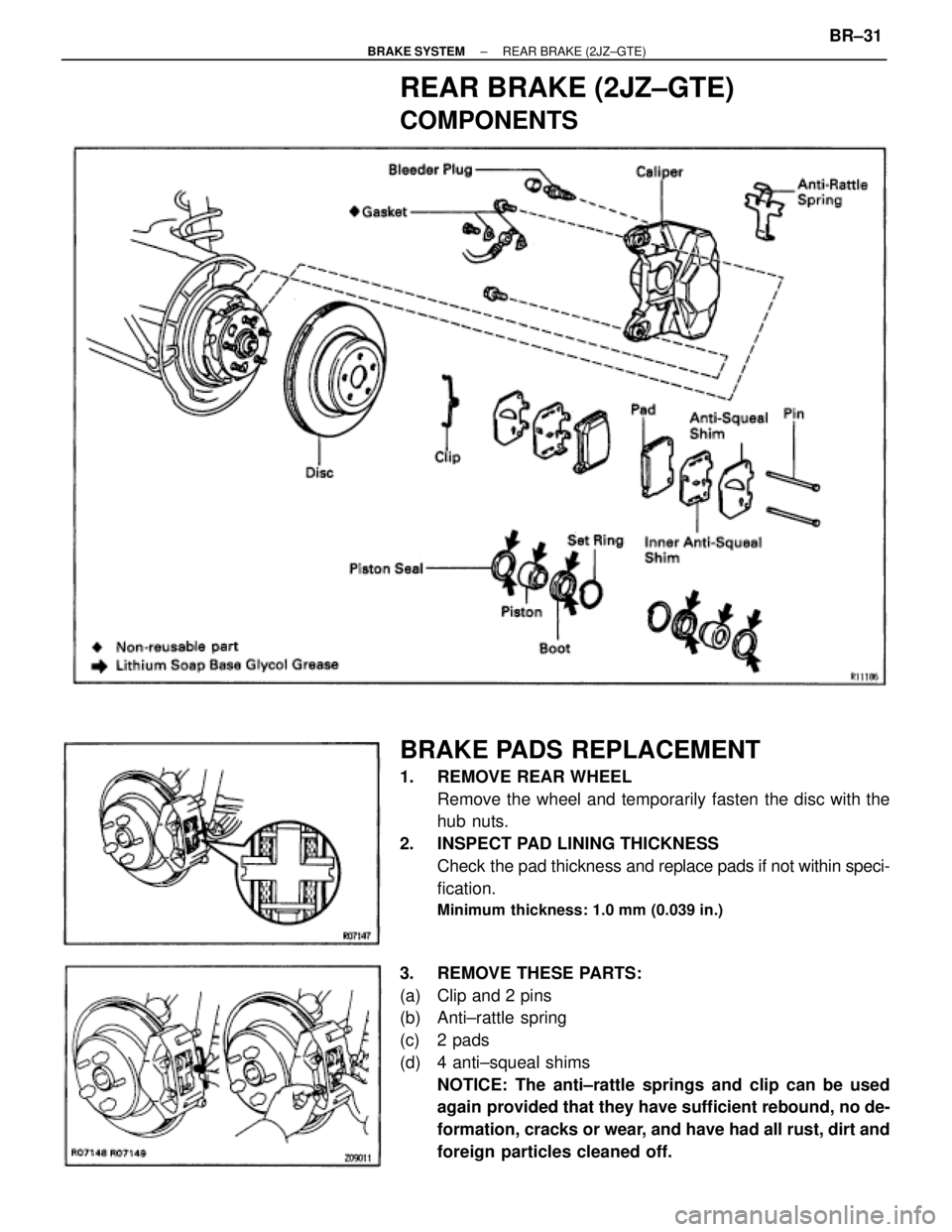 TOYOTA SUPRA 1995  Service Repair Manual REAR BRAKE (2JZ±GTE)
COMPONENTS
BRAKE PADS REPLACEMENT
1.  REMOVE REAR WHEEL
Remove the wheel and temporarily fasten the disc with the
hub nuts.
2.  INSPECT PAD LINING THICKNESS
Check the pad thickne