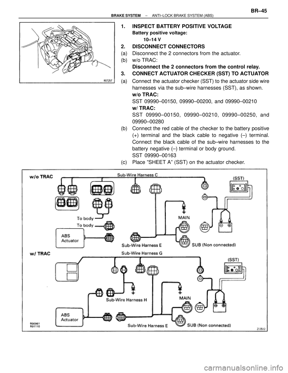 TOYOTA SUPRA 1995  Service Repair Manual 1.  INSPECT BATTERY POSITIVE VOLTAGE
Battery positive voltage:
10±14 V
2. DISCONNECT CONNECTORS
(a)  Disconnect the 2 connectors from the actuator.
(b) w/o TRAC:
Disconnect the 2 connectors from the 