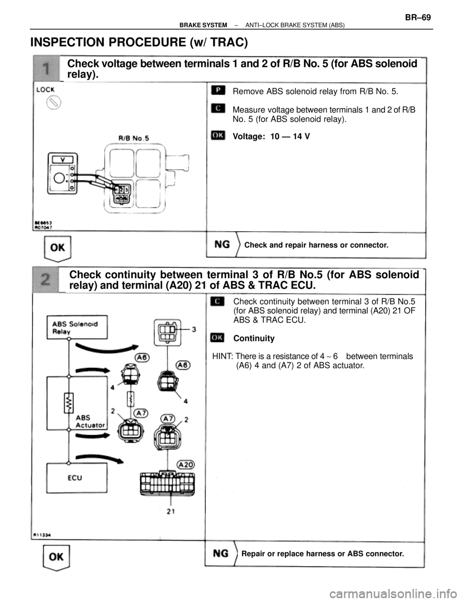 TOYOTA SUPRA 1995 Service Repair Manual Check voltage between terminals 1 and 2 of R/B No. 5 (for ABS solenoid
relay).
Check continuity between terminal 3 of R/B No.5 (for ABS solenoid
relay) and terminal (A20) 21 of ABS & TRAC ECU.
Check a TOYOTA SUPRA 1995 Service Repair Manual Check voltage between terminals 1 and 2 of R/B No. 5 (for ABS solenoid
relay).
Check continuity between terminal 3 of R/B No.5 (for ABS solenoid
relay) and terminal (A20) 21 of ABS & TRAC ECU.
Check a