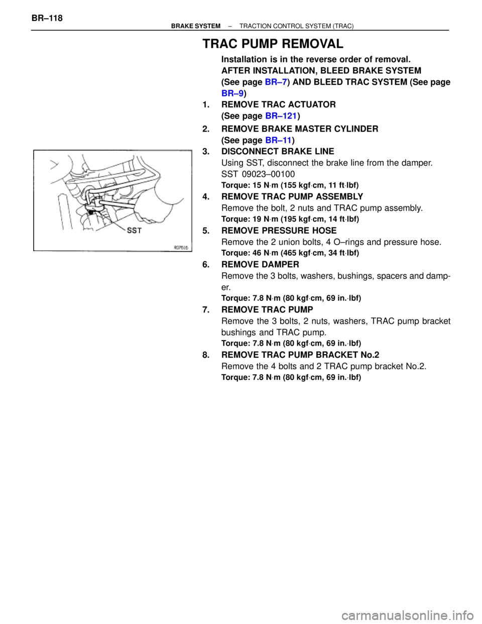 TOYOTA SUPRA 1995 Service Repair Manual TRAC PUMP REMOVAL
Installation is in the reverse order of removal.
AFTER INSTALLATION, BLEED BRAKE SYSTEM
(See page BR±7) AND BLEED TRAC SYSTEM (See page
BR±9)
1. REMOVE TRAC ACTUATOR
(See page BRÂ TOYOTA SUPRA 1995 Service Repair Manual TRAC PUMP REMOVAL
Installation is in the reverse order of removal.
AFTER INSTALLATION, BLEED BRAKE SYSTEM
(See page BR±7) AND BLEED TRAC SYSTEM (See page
BR±9)
1. REMOVE TRAC ACTUATOR
(See page BRÂ
