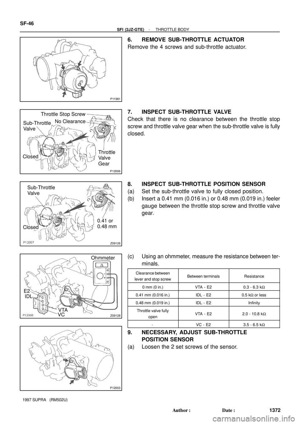 TOYOTA SUPRA 1997  Service Repair Manual P11981
P12006
Throttle Stop Screw
No Clearance
Sub-Throttle
Valve
ClosedThrottle
Valve
Gear
Z09126
Sub-Throttle
Valve
Closed0.41 or
0.48 mm
Z09128
Ohmmeter
E2
IDL
VTA
VC
P12003
SF-46
- SFI (2JZ-GTE)TH