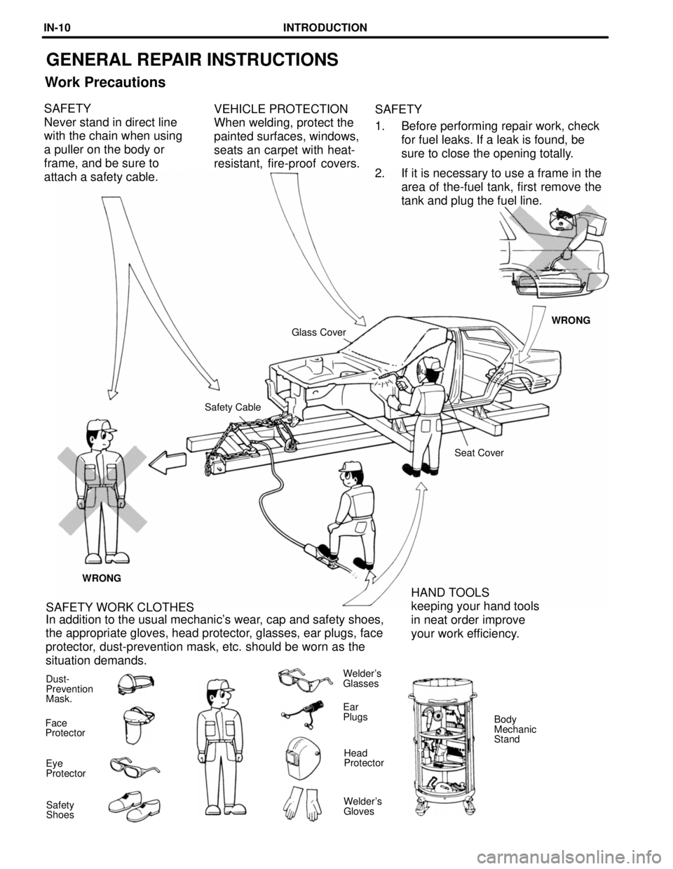 TOYOTA SUPRA 1997  Service Repair Manual GENERAL REPAIR INSTRUCTIONS
Work Precautions
VEHICLE PROTECTION
When welding, protect the
painted surfaces, windows,
seats an carpet with heat-
resistant, fire-proof covers.SAFETY
1. Before performing