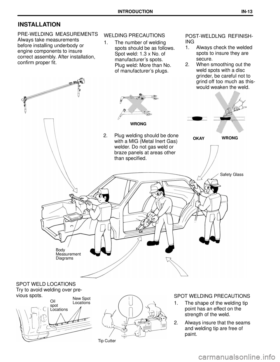 TOYOTA SUPRA 1997  Service Repair Manual SPOT WELD LOCATIONS
Try to avoid welding over pre-
vious spots.
New Spot
Locations
WELDING PRECAUTIONS
1. The number of welding
spots should be as follows.
Spot weld: 1.3 x No. of
manufacturers spots