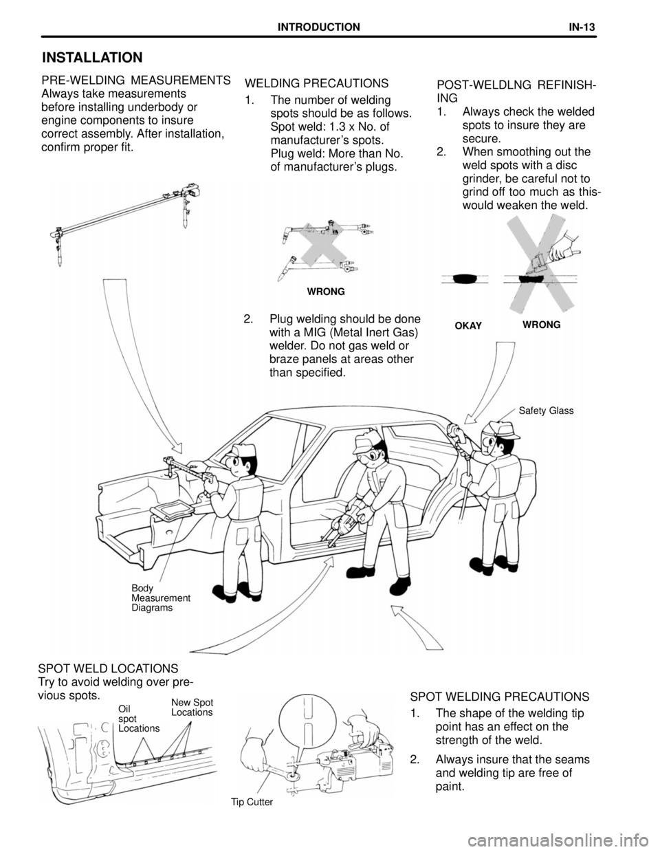 TOYOTA SUPRA 1997 Service Repair Manual SPOT WELD LOCATIONS
Try to avoid welding over pre-
vious spots.
New Spot
Locations
WELDING PRECAUTIONS
1. The number of welding
spots should be as follows.
Spot weld: 1.3 x No. of
manufacturers spots TOYOTA SUPRA 1997 Service Repair Manual SPOT WELD LOCATIONS
Try to avoid welding over pre-
vious spots.
New Spot
Locations
WELDING PRECAUTIONS
1. The number of welding
spots should be as follows.
Spot weld: 1.3 x No. of
manufacturers spots