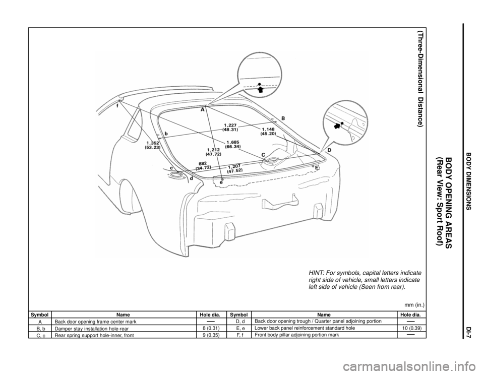 TOYOTA SUPRA 1997  Service Repair Manual HINT: For symbols, capital letters indicate
right side of vehicle, small letters indicate
left side of vehicle (Seen from rear).
(Three-Dimensional  Distance)
mm (in.)Hole dia.
10 (0.39) Name
Back doo