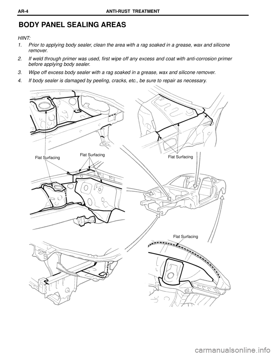 TOYOTA SUPRA 1997  Service Repair Manual BODY PANEL SEALING AREAS
HINT:
1. Prior to applying body sealer, clean the area with a rag soaked in a grease, wax and silicone
remover.
2. If weld through primer was used, first wipe off any excess a