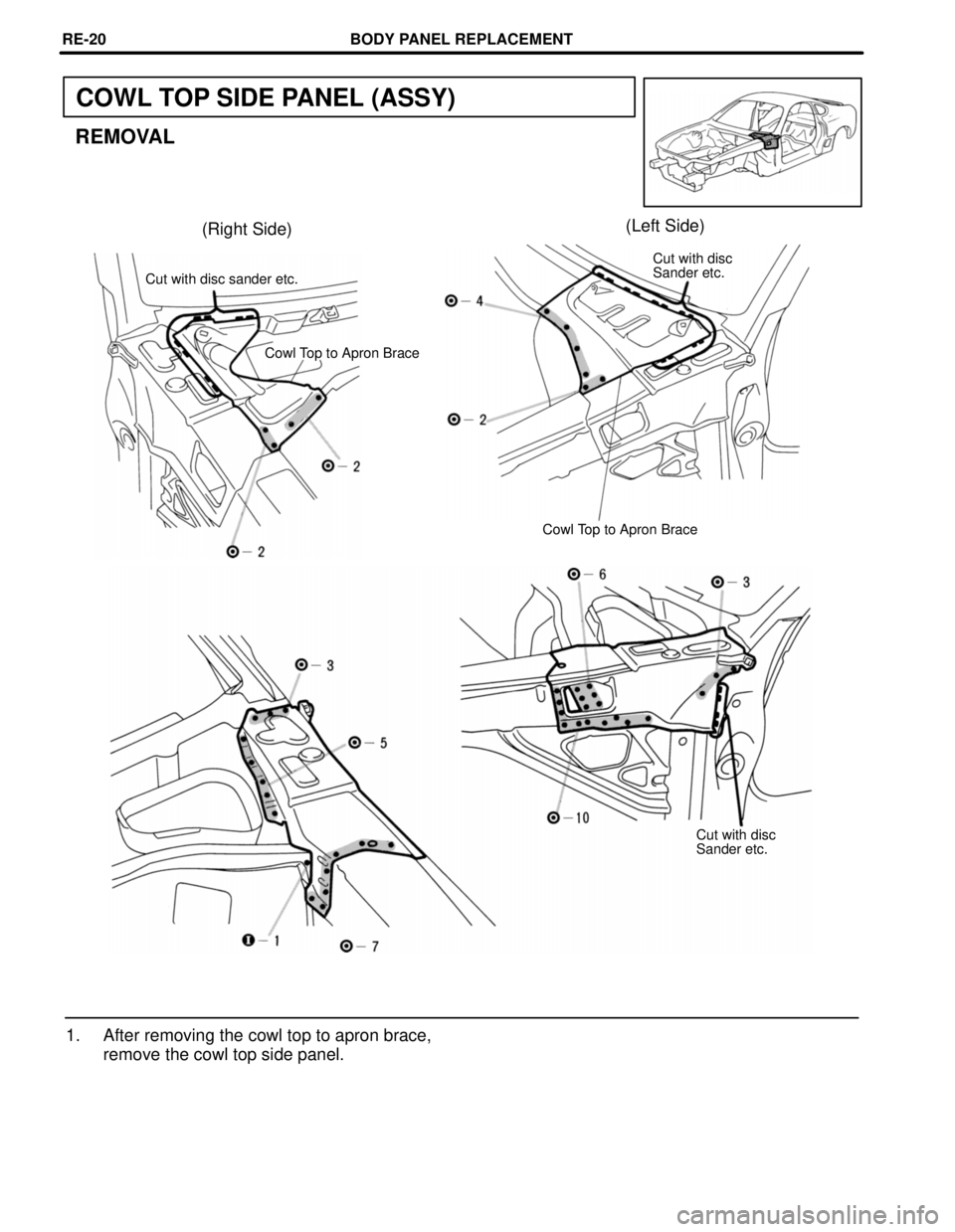 TOYOTA SUPRA 1997  Service Repair Manual COWL TOP SIDE PANEL (ASSY)
REMOVAL
(Right Side)(Left Side)
Cut with disc
Sander etc.
Cut with disc sander etc.
Cowl Top to Apron Brace
Cowl Top to Apron Brace
Cut with disc
Sander etc.
1. After removi