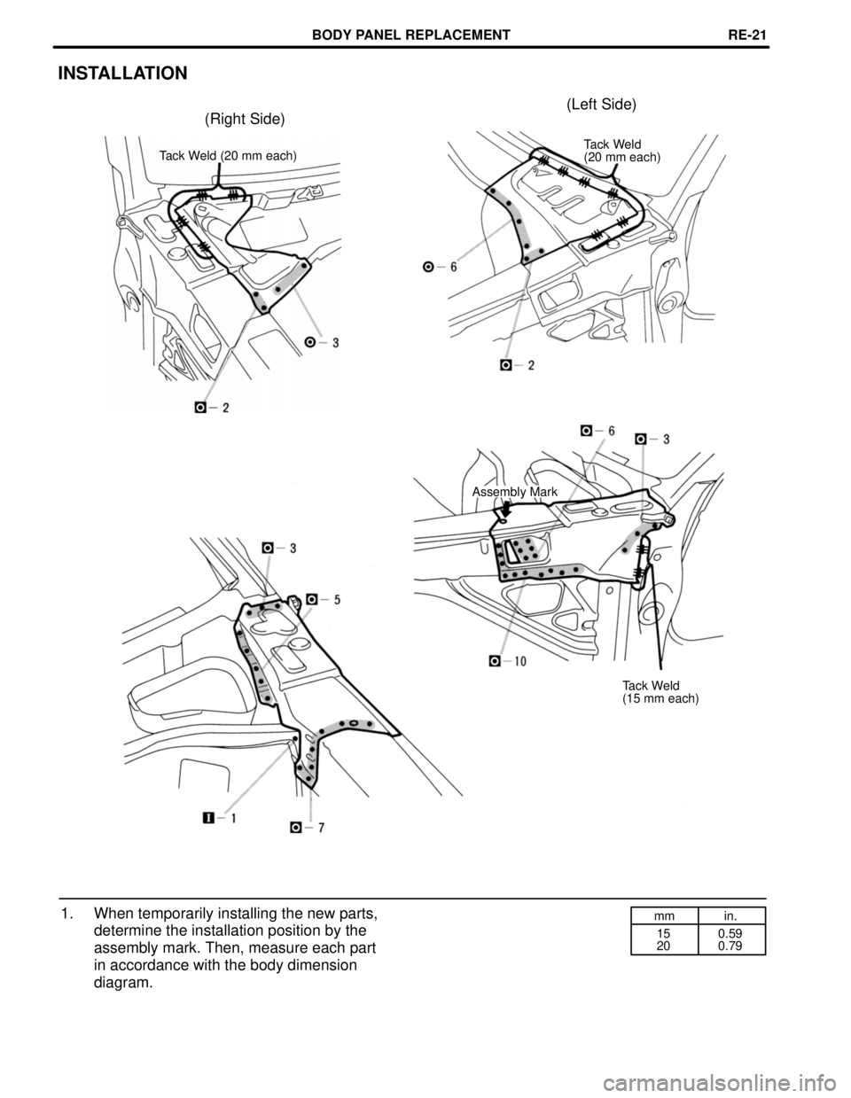 TOYOTA SUPRA 1997  Service Repair Manual mm in.
15
200.59
0.79
INSTALLATION
(Left Side)
(Right Side)
Tack Weld (20 mm each)Tack Weld
(20 mm each)
Assembly Mark
Tack Weld
(15 mm each)
1. When temporarily installing the new parts,
determine th