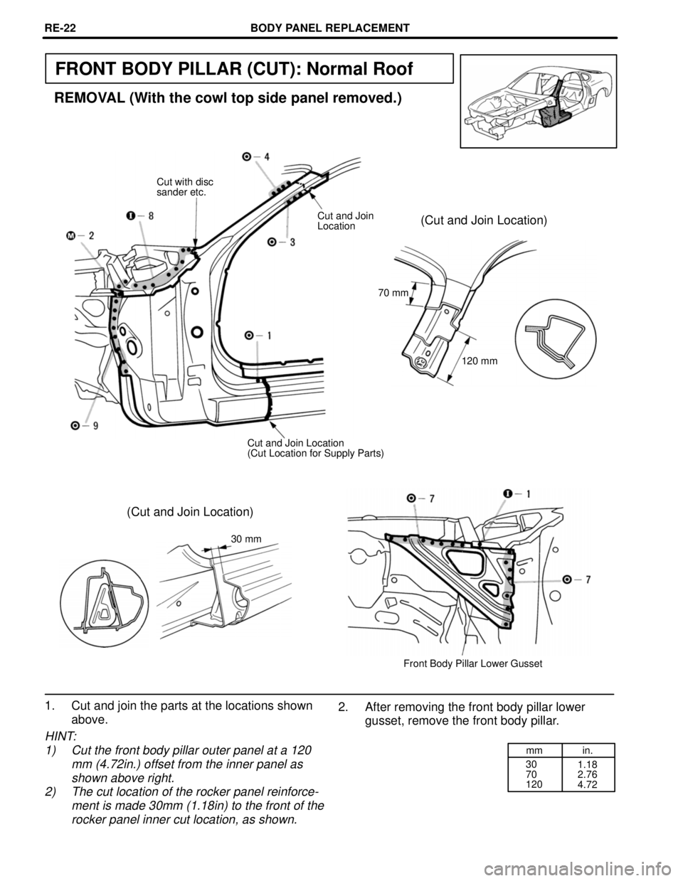 TOYOTA SUPRA 1997  Service Repair Manual mm in.
30
70
1201.18
2.76
4.72
FRONT BODY PILLAR (CUT): Normal Roof
REMOVAL (With the cowl top side panel removed.)
Cut with disc
sander etc.
(Cut and Join Location)Cut and Join
Location
70 mm
120 mm
