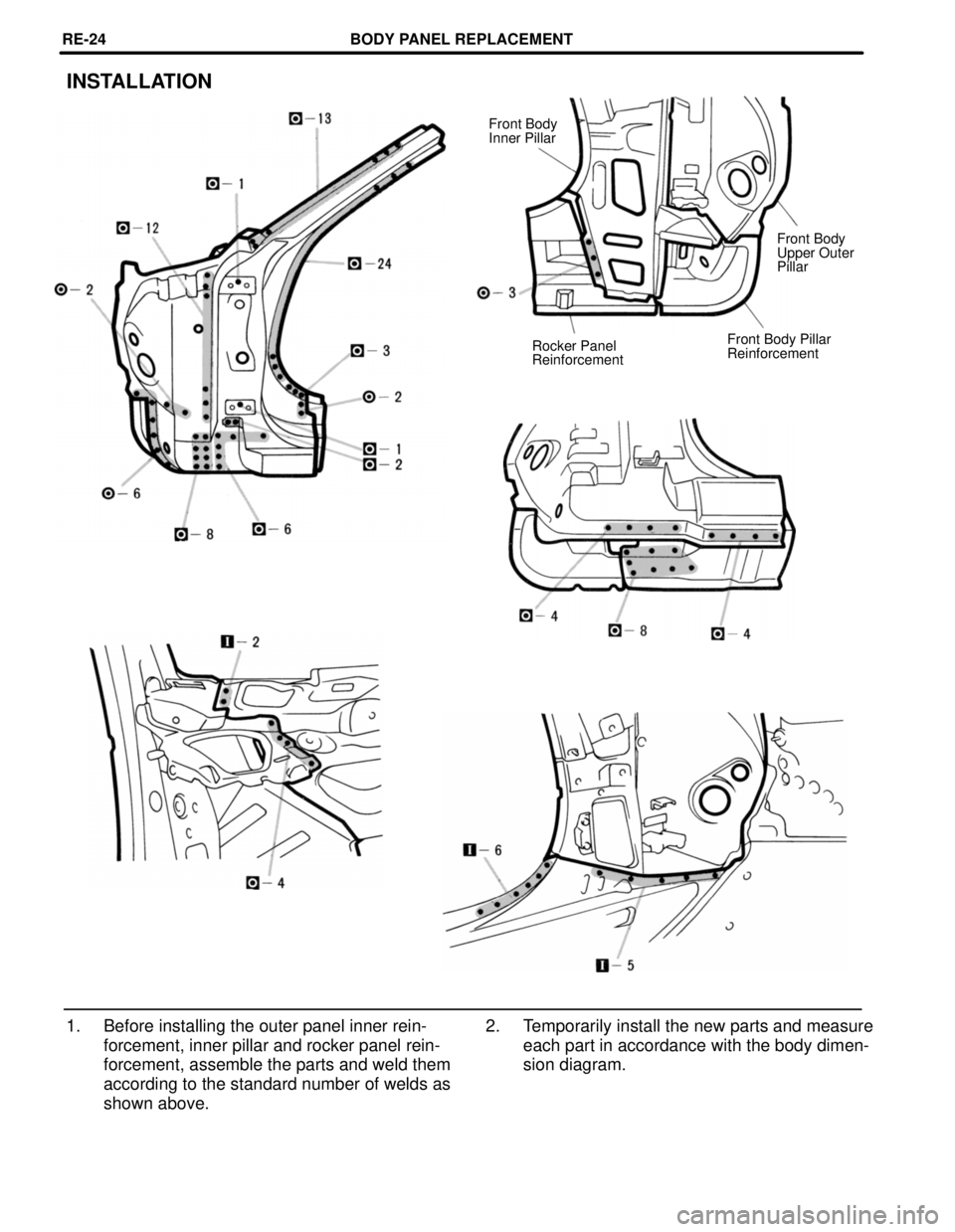 TOYOTA SUPRA 1997  Service Repair Manual INSTALLATION
Front Body
Inner Pillar
Front Body
Upper Outer
Pillar
Front Body Pillar
Reinforcement Rocker Panel
Reinforcement
1. Before installing the outer panel inner rein-
forcement, inner pillar a