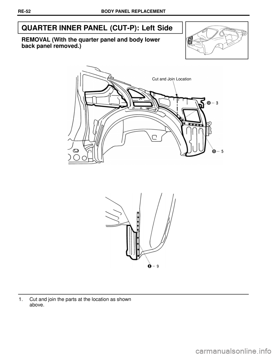 TOYOTA SUPRA 1997  Service Repair Manual QUARTER INNER PANEL (CUT-P): Left Side
REMOVAL (With the quarter panel and body lower
back panel removed.)
Cut and Join Location
1. Cut and join the parts at the location as shown
above.
BODY PANEL RE