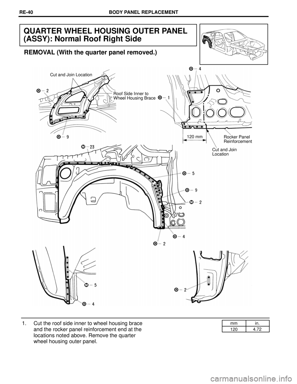 TOYOTA SUPRA 1997  Service Repair Manual mm in.
1204.72
QUARTER WHEEL HOUSING OUTER PANEL
(ASSY): Normal Roof Right Side
REMOVAL (With the quarter panel removed.)
Cut and Join Location
Roof Side Inner to
Wheel Housing Brace
120 mm
Rocker Pan