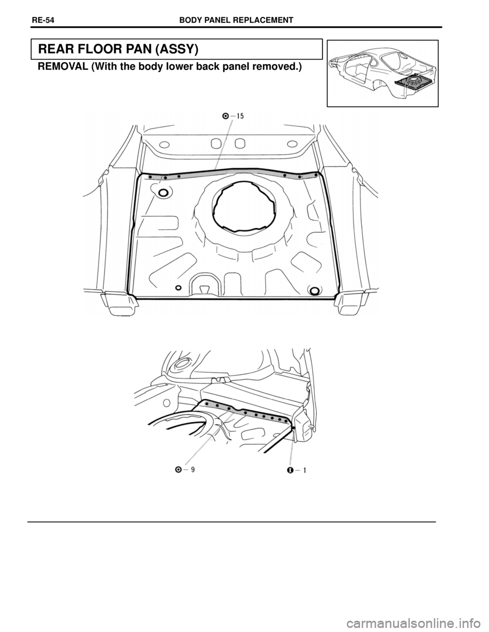 TOYOTA SUPRA 1997  Service Repair Manual REAR FLOOR PAN (ASSY)
REMOVAL (With the body lower back panel removed.)
BODY PANEL REPLACEMENTRE-54 