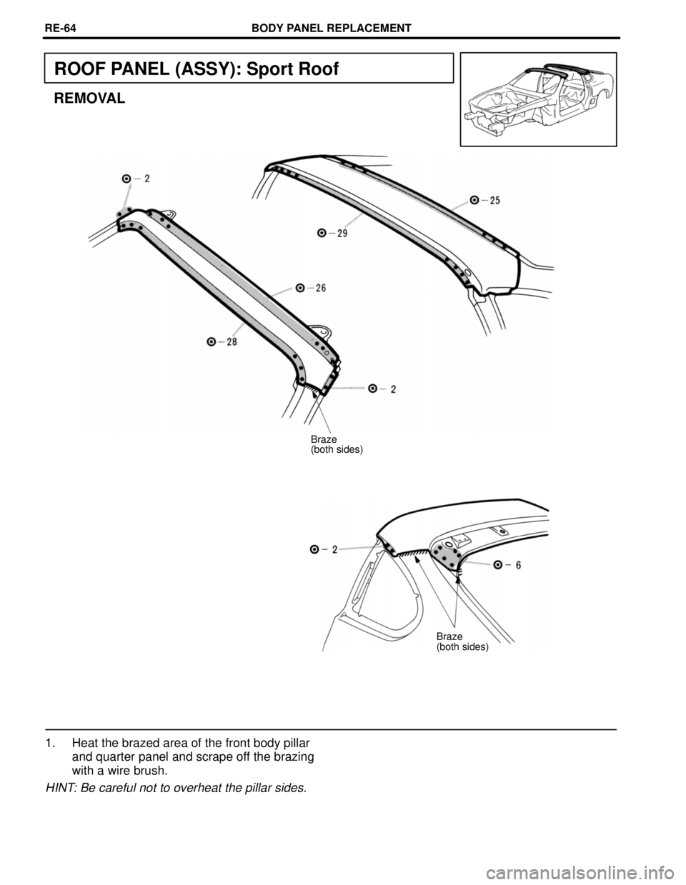 TOYOTA SUPRA 1997  Service Repair Manual ROOF PANEL (ASSY): Sport Roof
REMOVAL
Braze
(both sides)
Braze
(both sides)
1. Heat the brazed area of the front body pillar
and quarter panel and scrape off the brazing
with a wire brush.
HINT: Be ca
