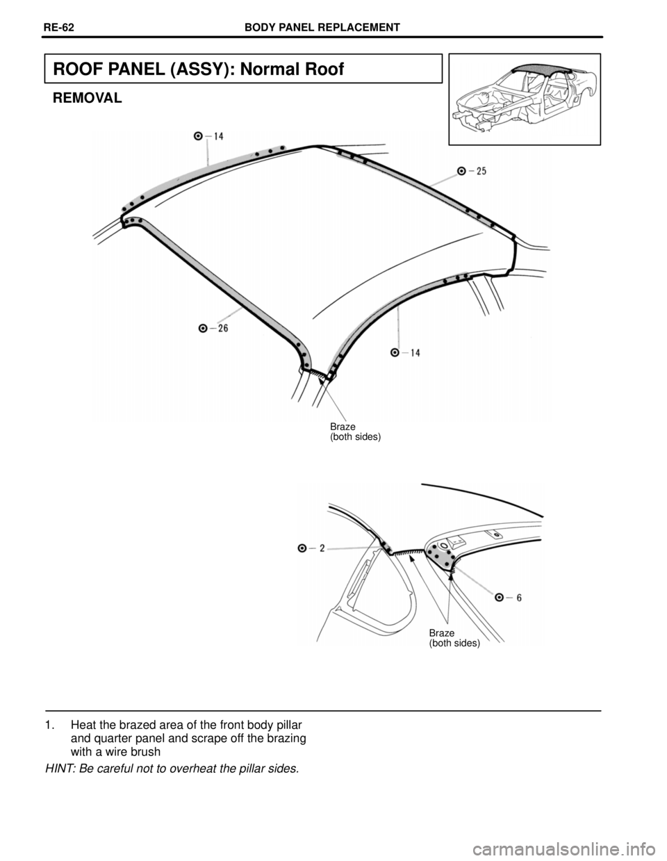 TOYOTA SUPRA 1997  Service Repair Manual ROOF PANEL (ASSY): Normal Roof
REMOVAL
Braze
(both sides)
Braze
(both sides)
1. Heat the brazed area of the front body pillar
and quarter panel and scrape off the brazing
with a wire brush
HINT: Be ca