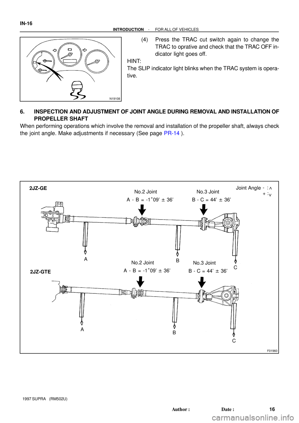 TOYOTA SUPRA 1997  Service Manual PDF N19108
F01960
2JZ-GE
2JZ-GTENo.2 Joint No.3 Joint
A - B = -1°09 ± 36
No.2 Joint
A - B = -1°09 ± 36B - C = 44 ± 36
No.3 Joint
B - C = 44 ± 36Joint Angle- :
+ :
A
B
C
A
B
C>>
IN-16
- INTRO