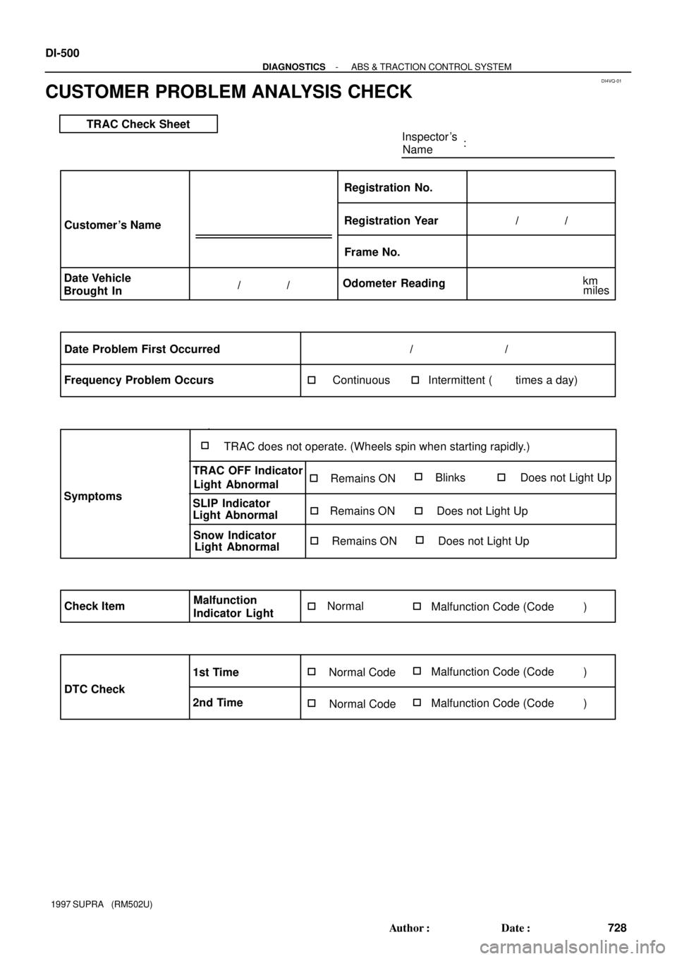 TOYOTA SUPRA 1997  Service Repair Manual DI4VQ-01
TRAC Check Sheet
Inspector s
Name:
Customer s Name
Date Vehicle
Brought InRegistration Year Registration No.
Frame No.
Odometer Reading/              /
/              /
Date Problem First O