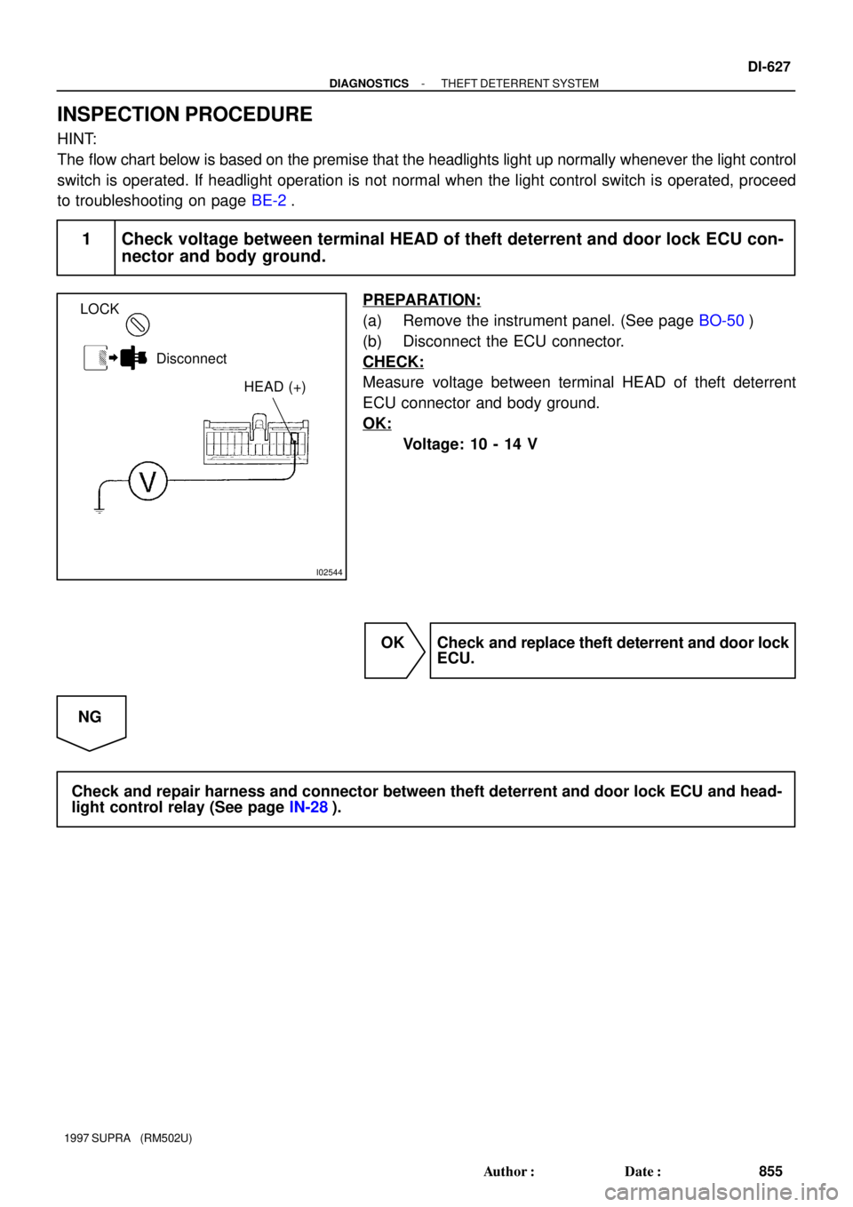 TOYOTA SUPRA 1997  Service Repair Manual I02544
LOCK
Disconnect
HEAD (+)
- DIAGNOSTICSTHEFT DETERRENT SYSTEM
DI-627
855 Author: Date:
1997 SUPRA   (RM502U)
INSPECTION PROCEDURE
HINT:
The flow chart below is based on the premise that the he