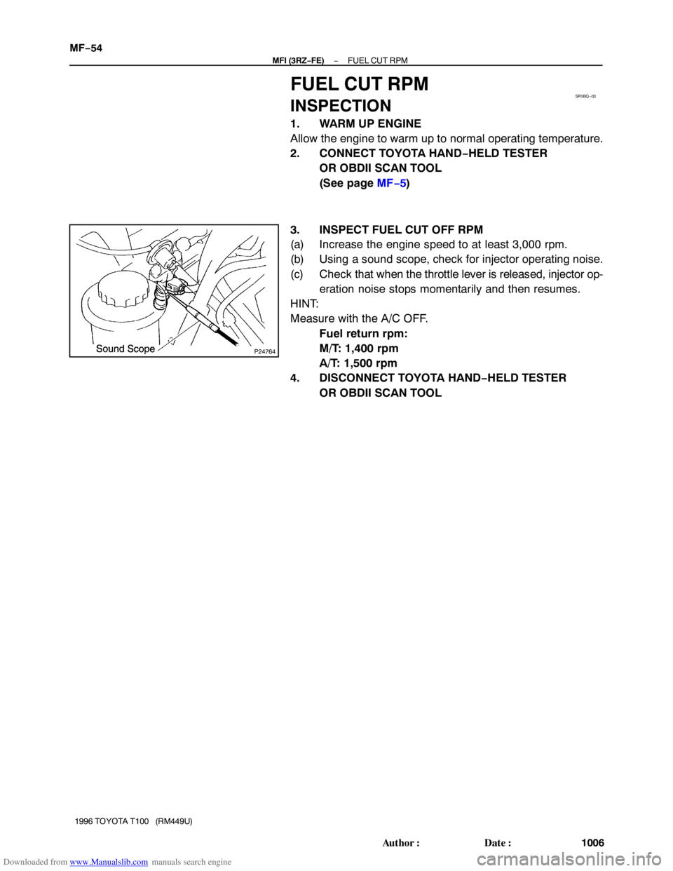 TOYOTA T100 1996  Factory Service Manual Downloaded from www.Manualslib.com manuals search engine SF0BQ−03
P24764
MF−54
− MFI (3RZ−FE)FUEL CUT RPM
1006 Author: Date:
1996 TOYOTA T100   (RM449U)
FUEL CUT RPM
INSPECTION
1. WARM UP EN