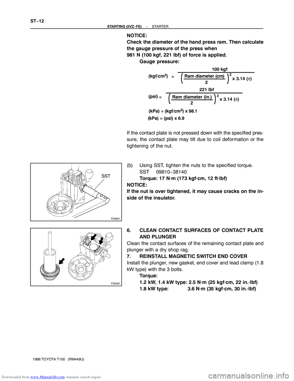 TOYOTA T100 1996  Factory Service Manual Downloaded from www.Manualslib.com manuals search engine (kgf/cm2)
=
100 kgf
Ram diameter (cm)
2
2
2Ram diameter (in.) (psi)
=
x 3.14 (π) x 3.14 (π)
2
(kPa) = (kgf/cm
2) x 98.1
(kPa) = (psi) x 6.922