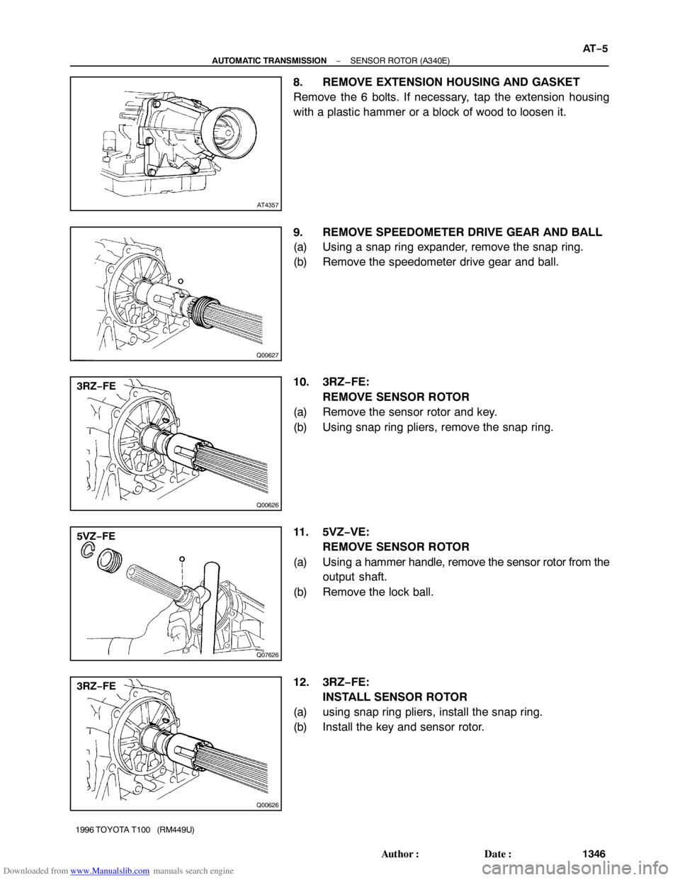 TOYOTA T100 1996  Factory Service Manual Downloaded from www.Manualslib.com manuals search engine AT4357
Q00627
Q00626
3RZ−FE
Q07626
5VZ−FE
Q00626
3RZ−FE
− AUTOMATIC TRANSMISSIONSENSOR ROTOR (A340E)
AT−5
1346 Author: Date:
1996 T