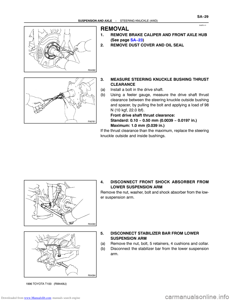 TOYOTA T100 1996  Factory Service Manual Downloaded from www.Manualslib.com manuals search engine SA0FS−01
R04382
FA0781
R04383
R04384
− SUSPENSION AND AXLESTEERING KNUCKLE (4WD)
SA−29
1996 TOYOTA T100   (RM449U)
REMOVAL
1. REMOVE BRAK