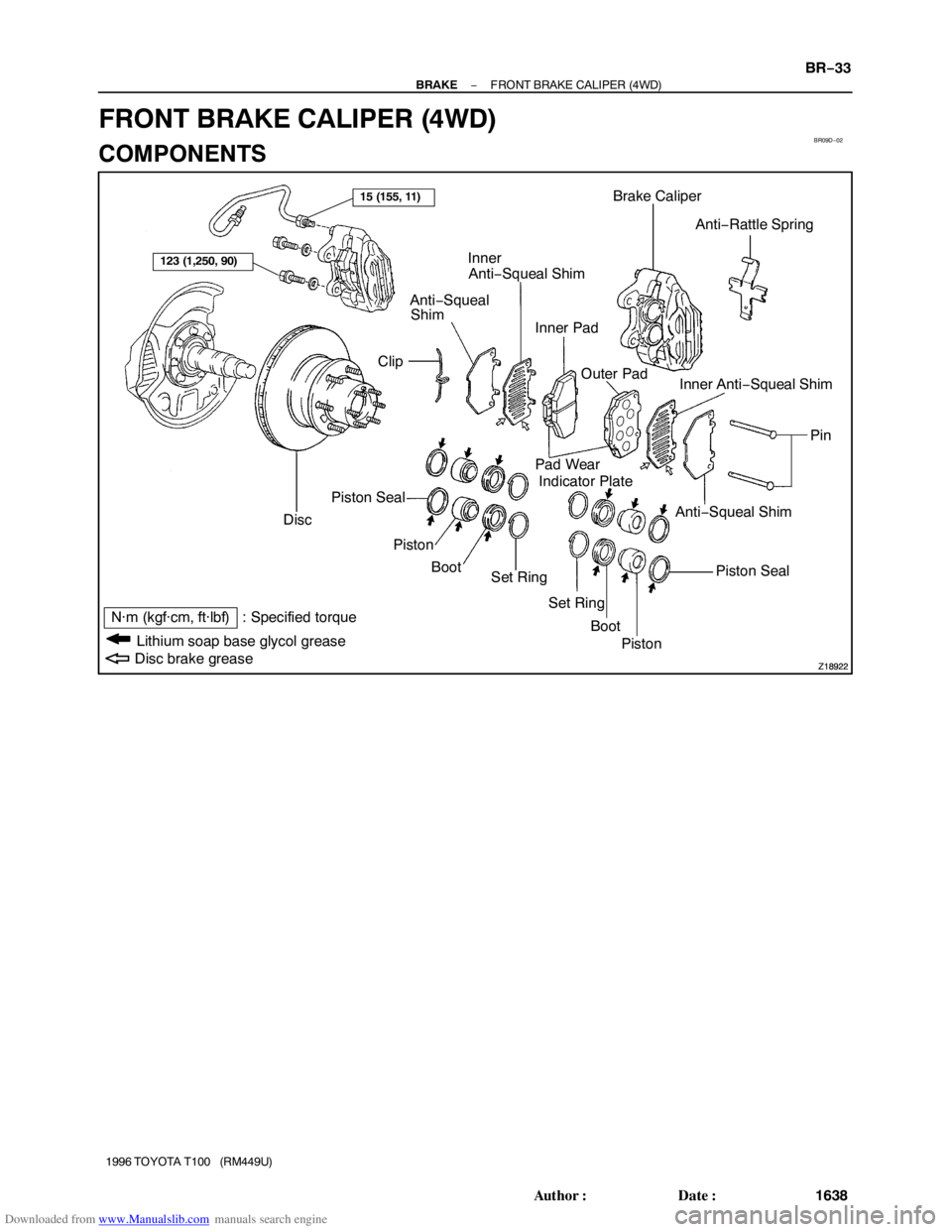 TOYOTA T100 1996  Factory Service Manual Downloaded from www.Manualslib.com manuals search engine BR09D−02
Z18922Z18922
Inner
Boot Disc
Piston
Set RingPin
Piston Seal Indicator Plate
Anti−Squeal Shim Inner Anti−Squeal Shim Anti−Rattl