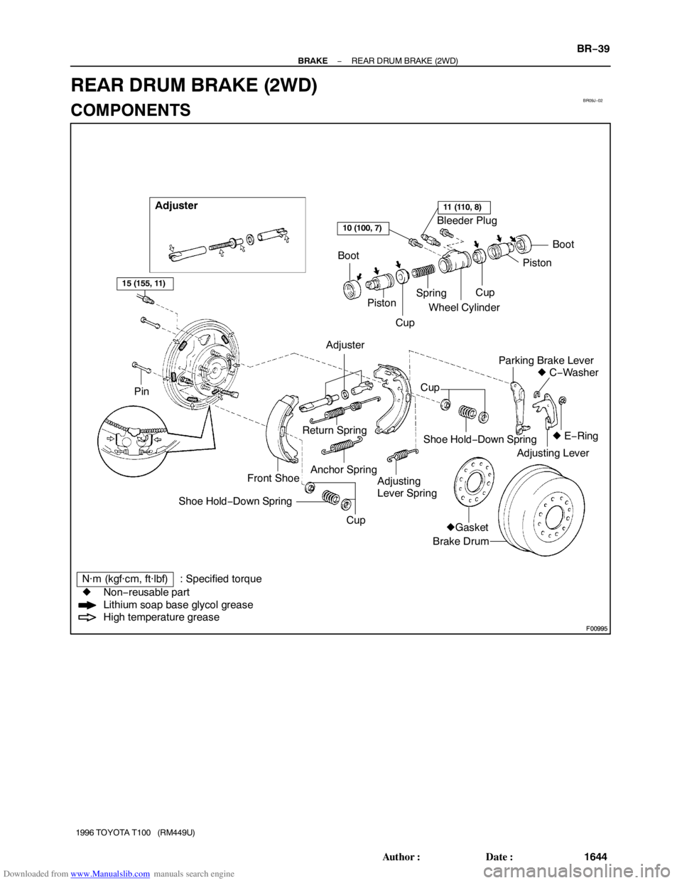 TOYOTA T100 1996  Factory Service Manual Downloaded from www.Manualslib.com manuals search engine BR09J−02
F00995
F00995
Adjuster
Wheel Cylinder
Parking Brake Lever
Shoe Hold−Down Spring
Adjusting Lever
Front Shoe
Brake DrumBoot
Piston B