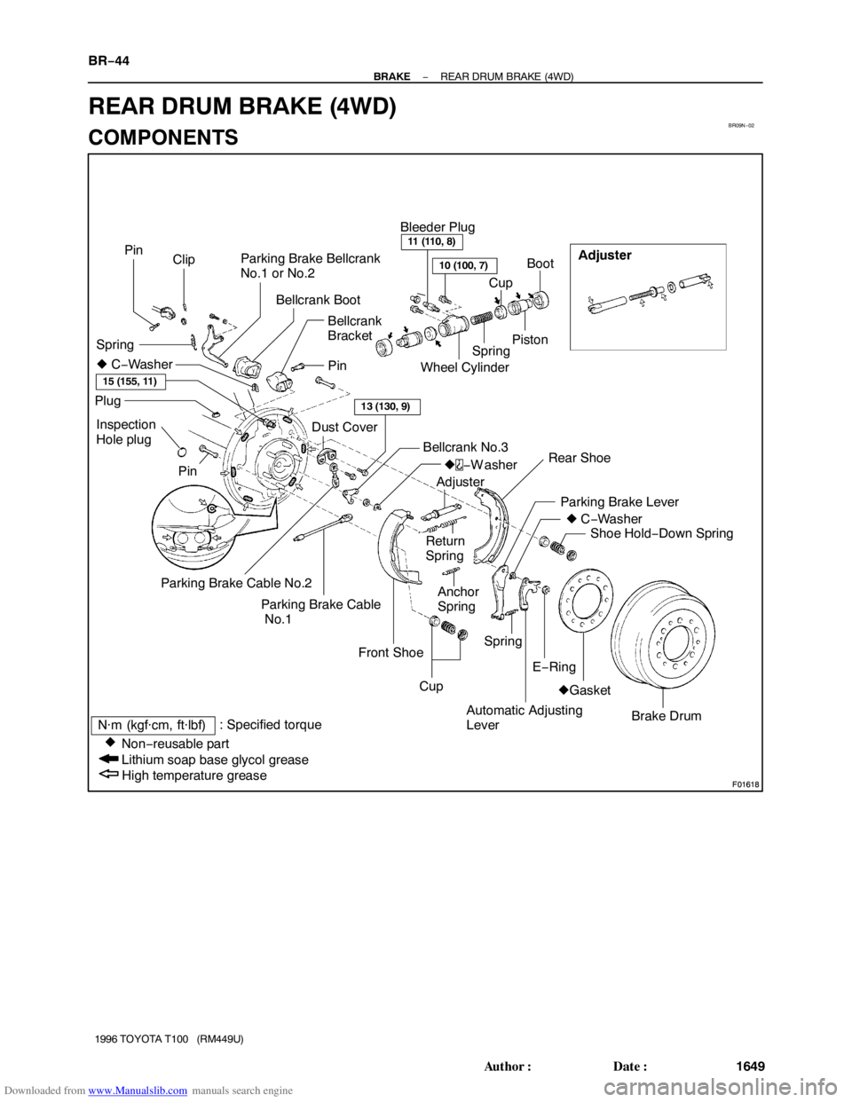 TOYOTA T100 1996  Factory Service Manual Downloaded from www.Manualslib.com manuals search engine BR09N−02
F01618
F01618
Bellcrank BootAdjuster
Parking Brake Bellcrank 
No.1 or No.2Bleeder Plug
Wheel Cylinder
Parking Brake Cable No.2Rear S