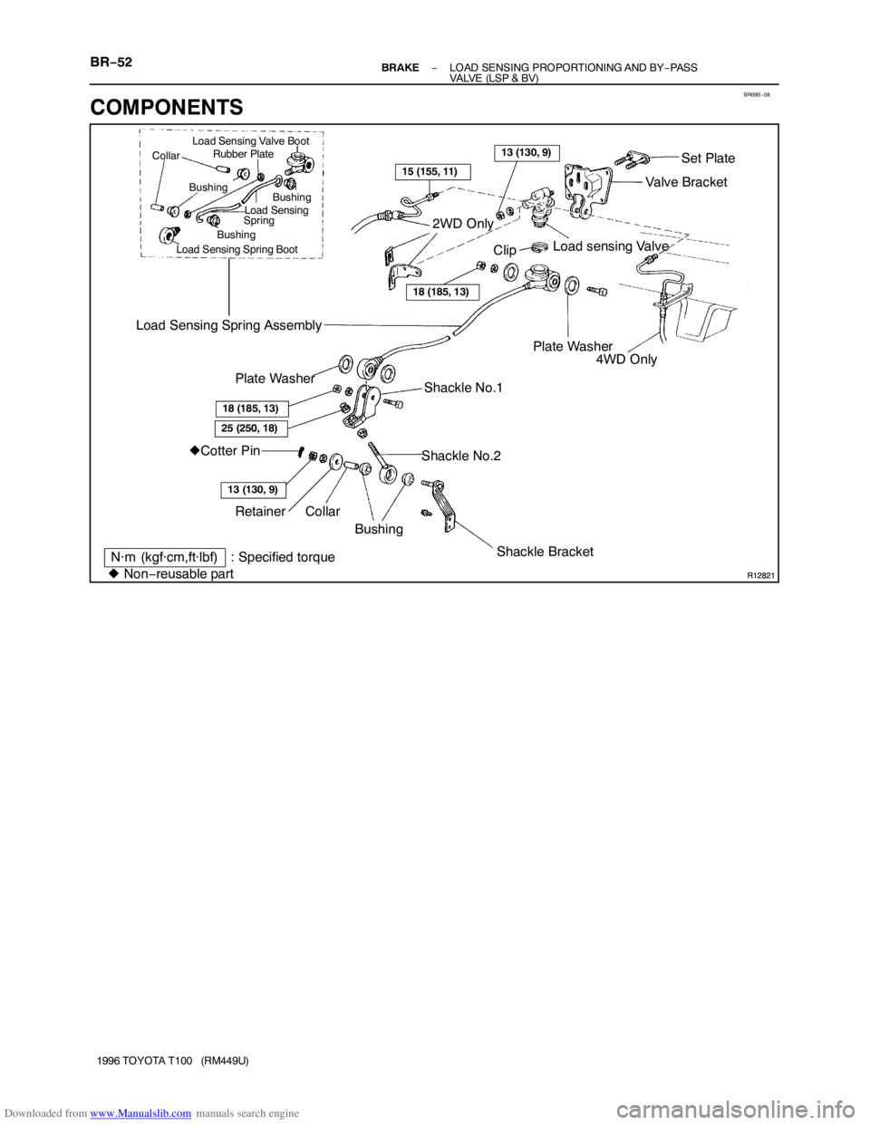 TOYOTA T100 1996  Factory Service Manual Downloaded from www.Manualslib.com manuals search engine BR09S−08
R12821
R12821
Shackle Bracket Shackle No.2Load sensing Valve
4WD Only
Cotter Pin Load Sensing Spring AssemblyValve BracketN·m (kgf