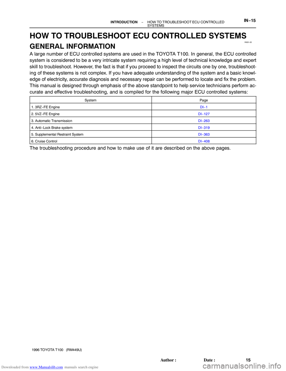 TOYOTA T100 1996  Factory Service Manual Downloaded from www.Manualslib.com manuals search engine IN02I−02
− INTRODUCTIONHOW TO TROUBLESHOOT ECU CONTROLLED 
SYSTEMSIN−15
15 Author: Date:
1996 TOYOTA T100   (RM449U)
HOW TO TROUBLESHOO