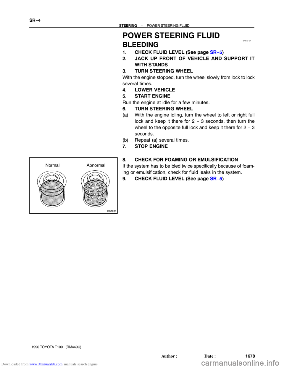 TOYOTA T100 1996  Factory Service Manual Downloaded from www.Manualslib.com manuals search engine SR072−01
R07281
Normal Abnormal SR−4
− STEERINGPOWER STEERING FLUID
1678 Author: Date:
1996 TOYOTA T100   (RM449U)
POWER STEERING FLUID