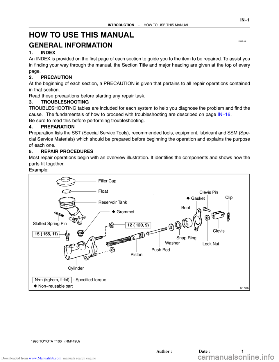 TOYOTA T100 1996  Factory Service Manual Downloaded from www.Manualslib.com manuals search engine IN02D−02
N17080
Filler Cap
Float
Reservoir Tank
 Grommet
Clip
Slotted Spring Pin
N·m (kgf·cm, ft·lbf) : Specified torque
 Non−reusable