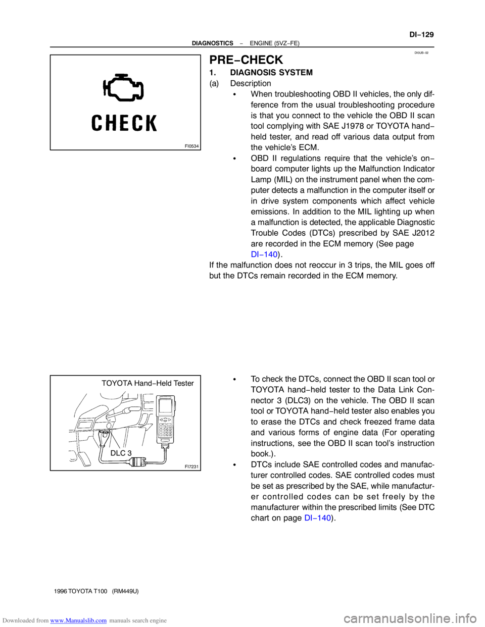 TOYOTA T100 1996  Factory Service Manual Downloaded from www.Manualslib.com manuals search engine FI0534
DI0UB−02
FI7231
TOYOTA Hand−Held Tester
DLC 3
− DIAGNOSTICSENGINE (5VZ−FE)
DI−129
1996 TOYOTA T100   (RM449U)
PRE−CHECK
1. D