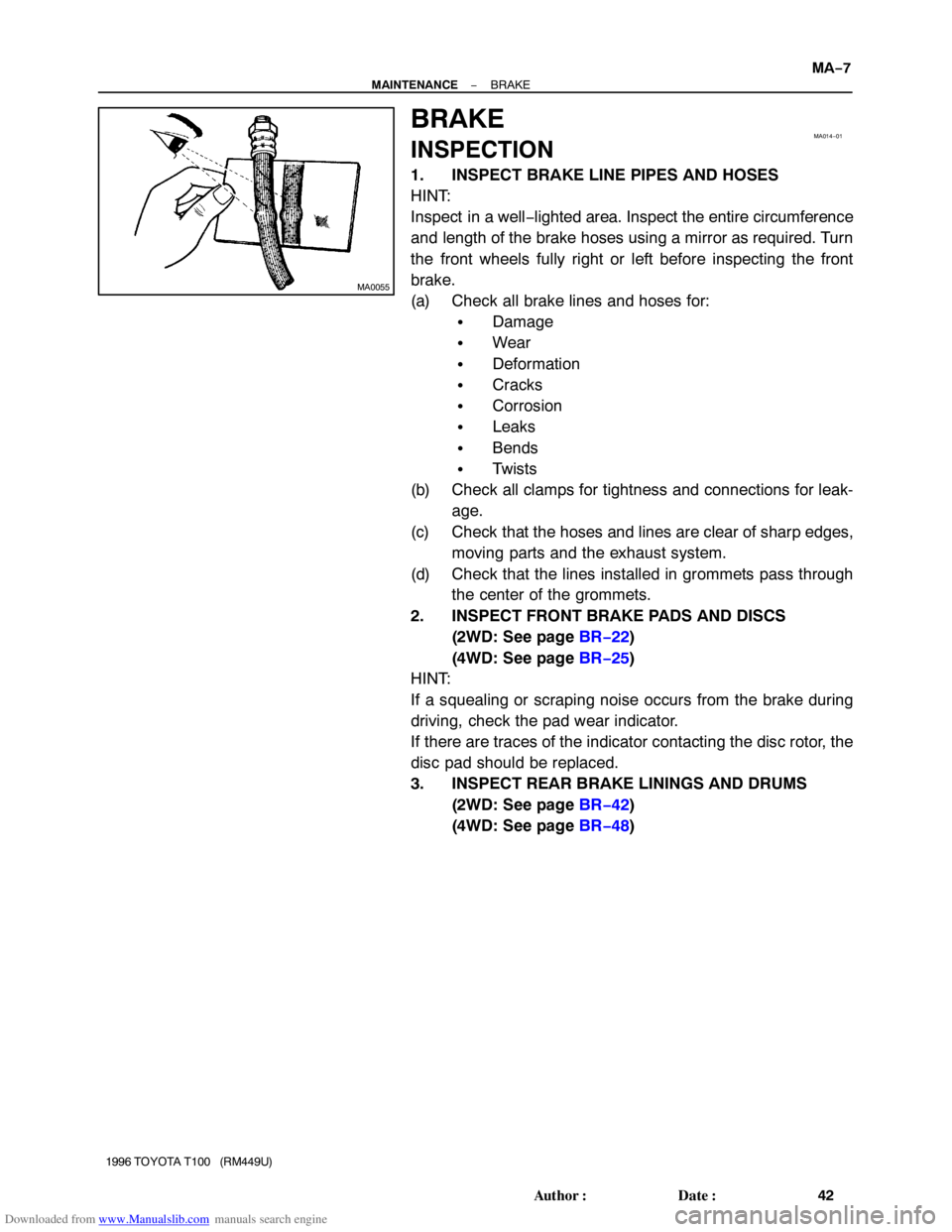 TOYOTA T100 1996  Factory Service Manual Downloaded from www.Manualslib.com manuals search engine MA0055
MA014−01
− MAINTENANCEBRAKE
MA−7
42 Author: Date:
1996 TOYOTA T100   (RM449U)
BRAKE
INSPECTION
1. INSPECT BRAKE LINE PIPES AND H