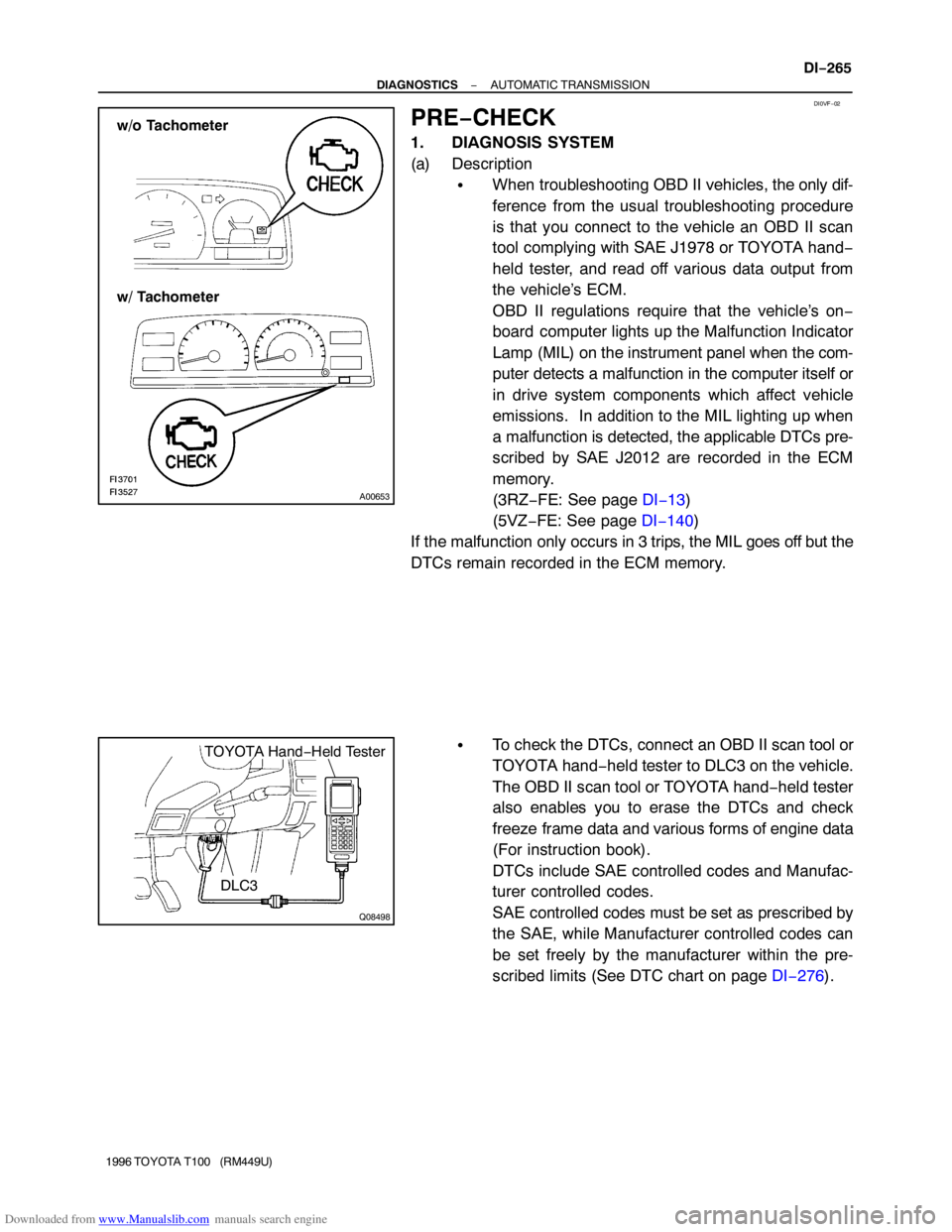 TOYOTA T100 1996  Factory Service Manual Downloaded from www.Manualslib.com manuals search engine A00653
w/o Tachometer
w/ Tachometer
DI0VF−02
Q08498
TOYOTA Hand−Held Tester
DLC3
− DIAGNOSTICSAUTOMATIC TRANSMISSION
DI−265
1996 TOYOTA